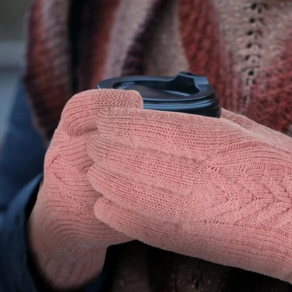 Women's Pink Knit Lined Winter Warm Touch Screen Elastic Stylish Gloves